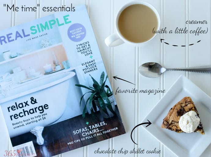 magazine, coffee, slice of chocolate chip cookie with ice cream