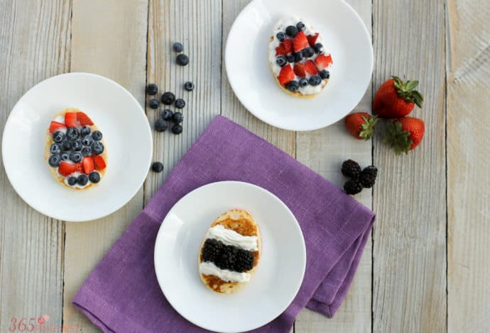 Looking for a last minute idea for Easter breakfast? Easter Egg Pancakes are easy to make and covered in fresh fruit!