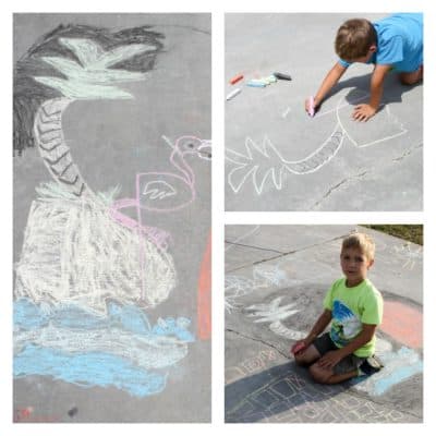 collage of little boy drawing with sidewalk chalk