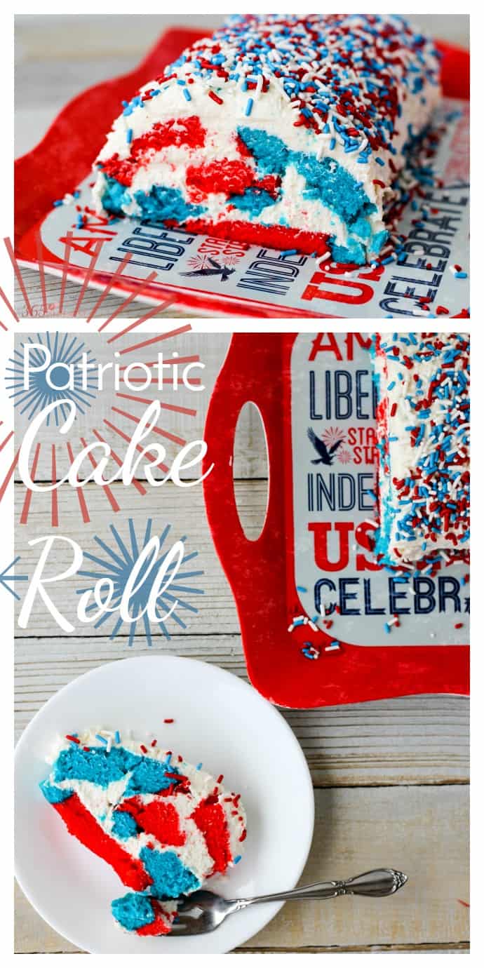 This red, white and blue Patriotic Cake Roll is filled and frosted with a sweet, creamy filling and is perfect for 4th of July or Memorial Day picnics!  via @nmburk