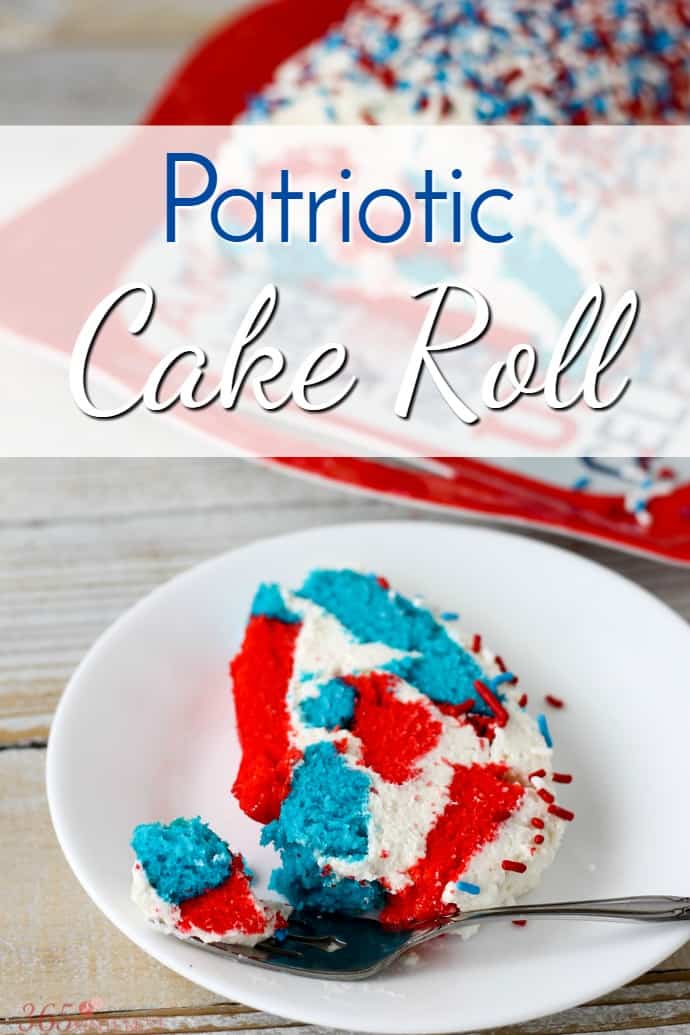 red, white and blue cake roll with sprinkles