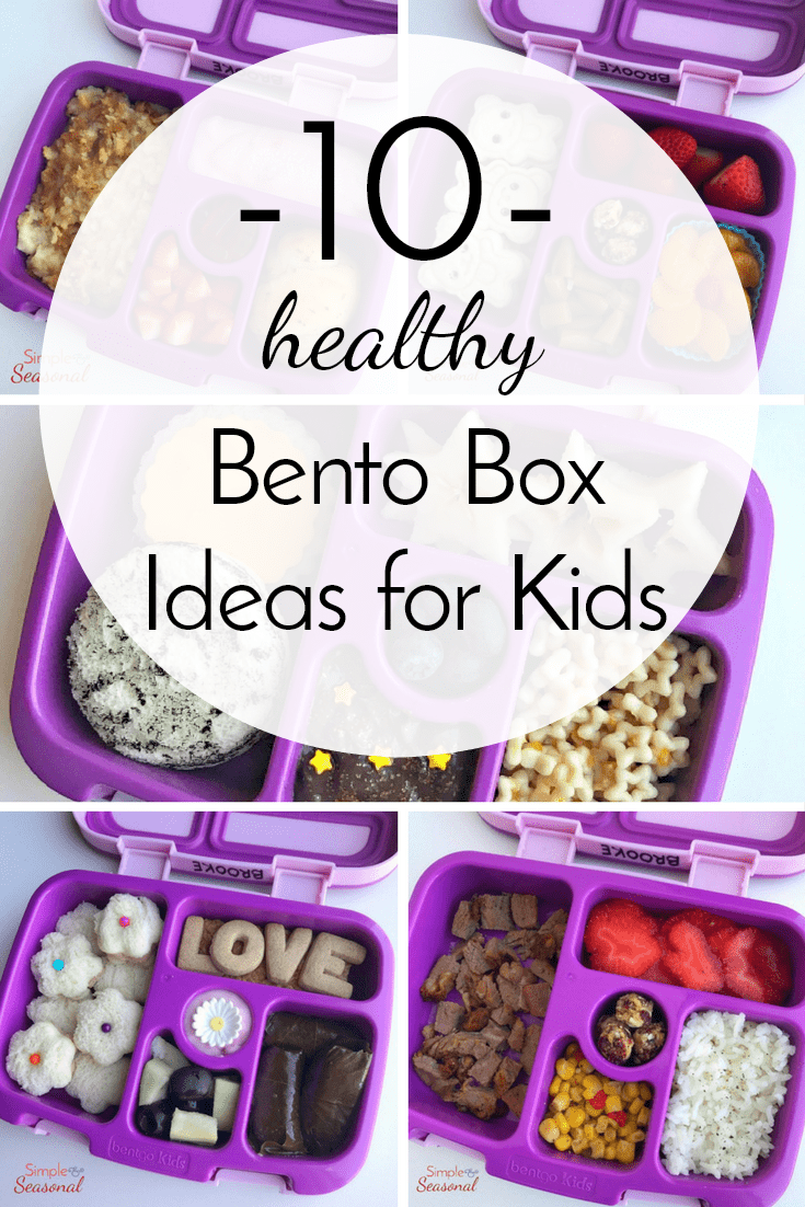 collage image of lunchboxes with different foods inside; text label reads 10 healthy bento box ideas for kids.