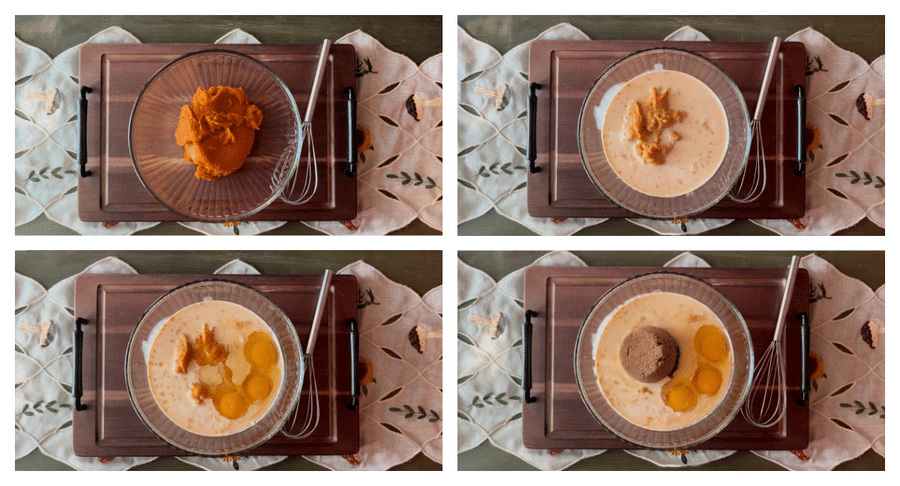 pumpkin, evaporated milk, eggs and brown sugar in a clear mixing bowl