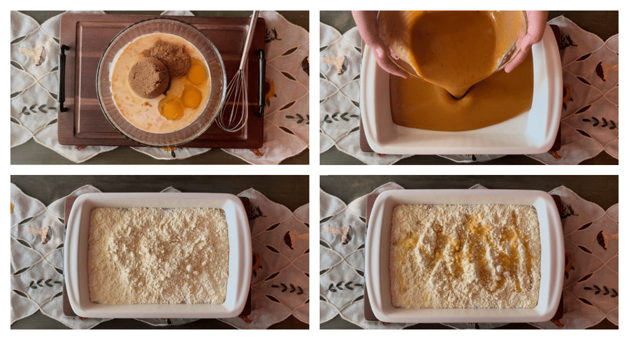collage image showing steps to making pumpkin dump cake