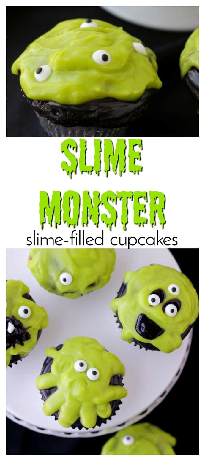 Add some ooze to your Halloween table this year with easy Slime Monster Cupcakes! They are slime-filled for a delicious gooey bite! via @nmburk