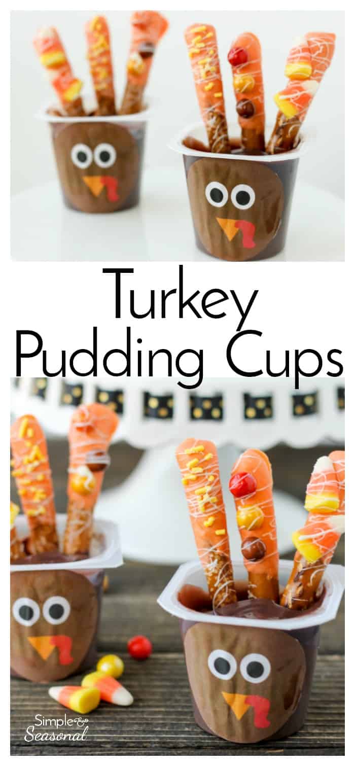 Add a touch of fun to your Thanksgiving Day table with these Turkey Pudding Cups! They are easy enough for kids to get involved in the holiday fun. via @nmburk