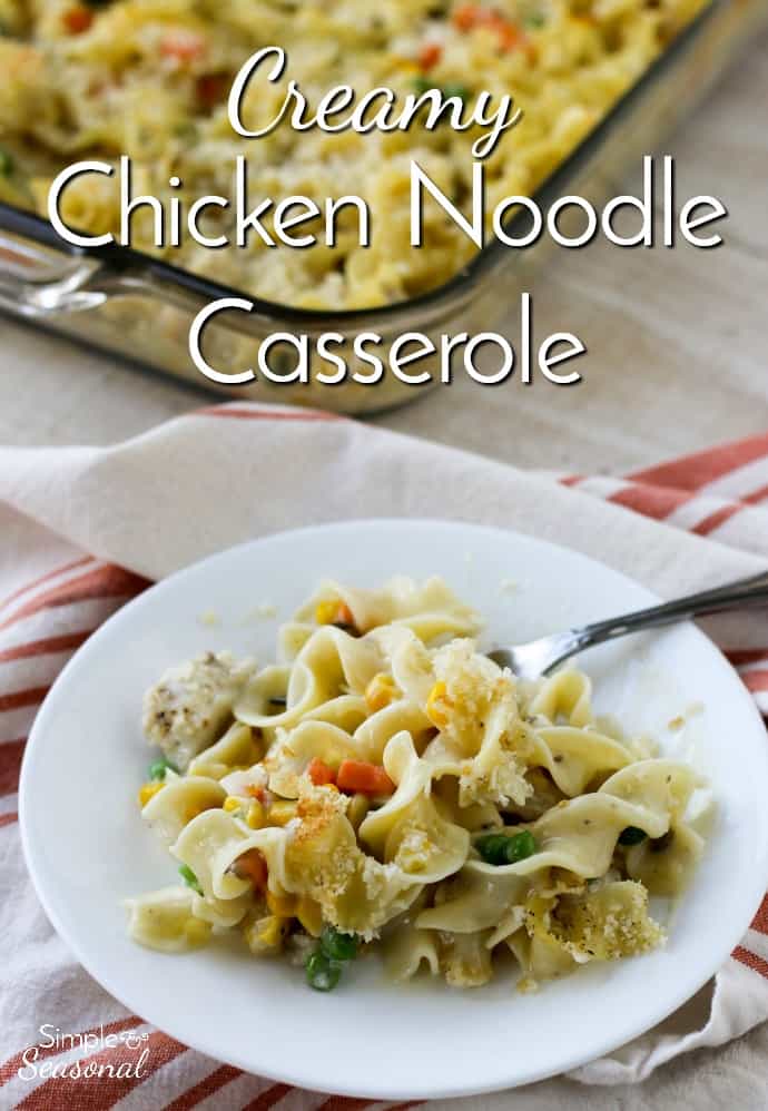 Perfect for busy fall evenings, Creamy Chicken Noodle Casserole is packed with vegetables and comes together in minutes. It's the perfect comfort food! via @nmburk