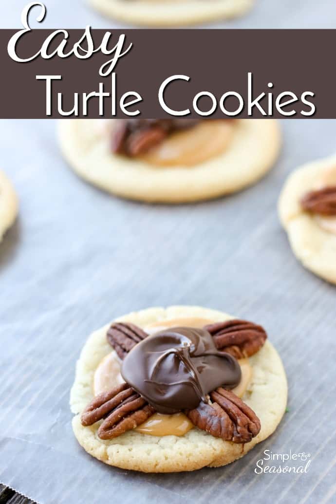 Just like their candy namesake, these Easy Turtle Cookies combine pecans, gooey caramel and chocolate to make a delicious treat that's perfect for cookie exchanges. #Christmas #CookieExchange #CookieRecipe #EasyRecipe #Cookies via @nmburk