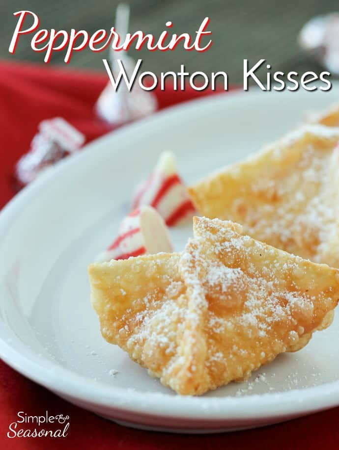 These cute Peppermint Wonton Kisses are filled with Candy Cane Kisses and are perfect for Christmas cookie exchanges. You only need 4 ingredients! via @nmburk