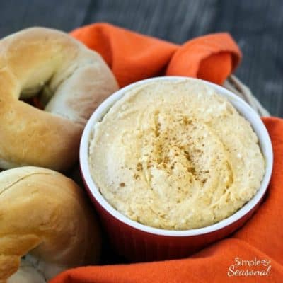 Perfect for holiday guests, this pumpkin cream cheese spread is a great holiday breakfast treat! Serve it with ginger snaps for dessert, too!