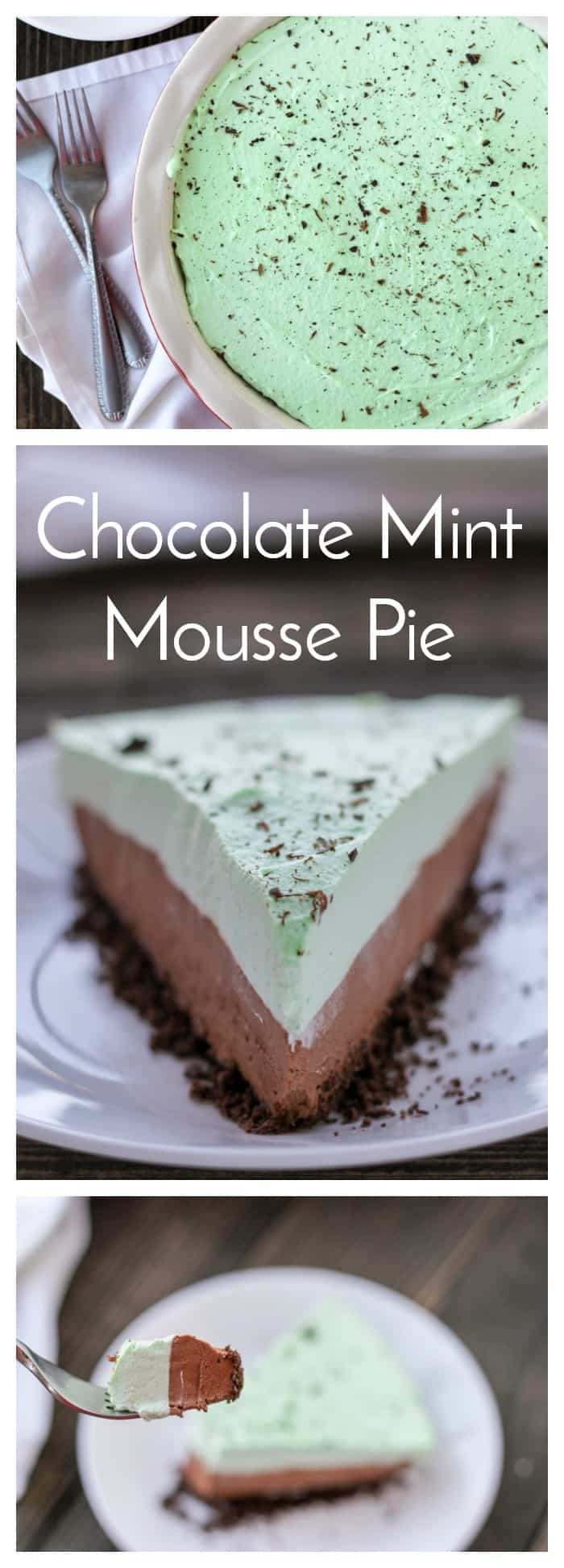 Chocolate crust, creamy chocolate mousse and mint cream topping all come together to make this beautiful Chocolate Mint Mousse Pie! #EasyRecipe #Chocolate #Pie #ChocolateMint #Dessert via @nmburk