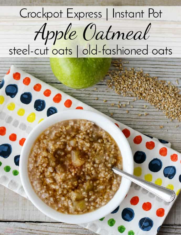 Start the morning right with this delicious and healthy oatmeal! Use steel-cut or rolled oats in the pressure cooker (Crockpot Express/Instant Pot) for a quick breakfast. #CrockpotExpress #InstantPot #PressureCookerRecipe #Breakfast #Oatmeal via @nmburk