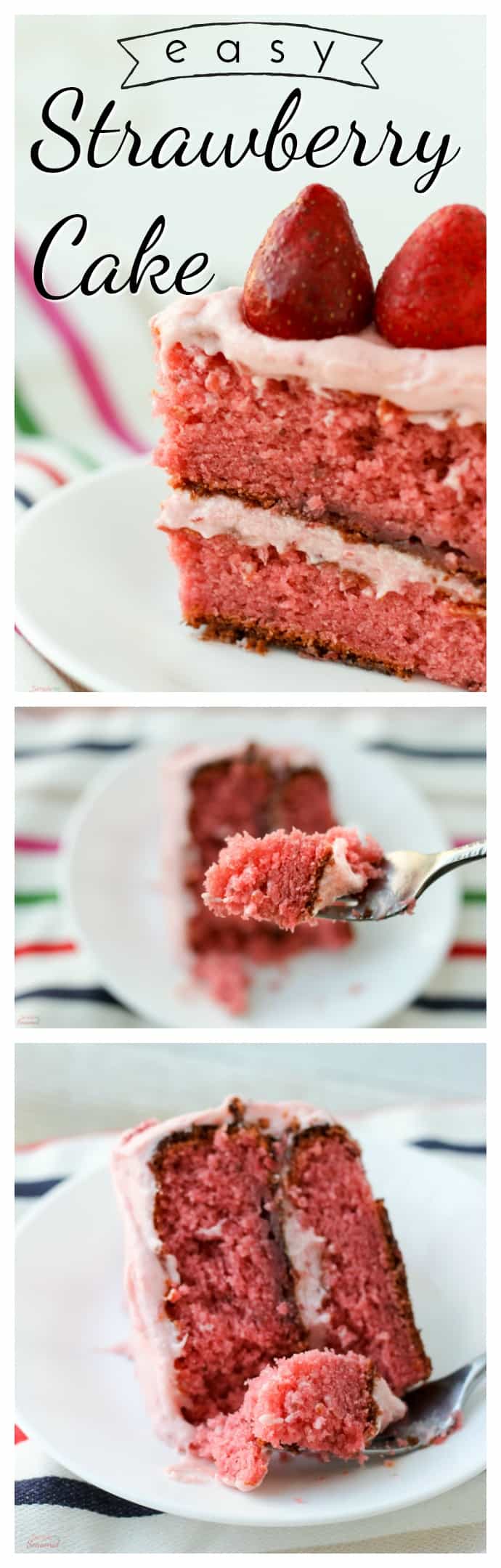 With real strawberries in the cake and the frosting, this Easy Strawberry Cake is perfect for Valentine's Day, Easter or any special celebration! The homemade frosting is good enough to eat with a spoon (and it tastes like a strawberry milkshake.) #Cake #ValentinesDay #Easter #BabyShower #Dessert #StrawberryCake  via @nmburk