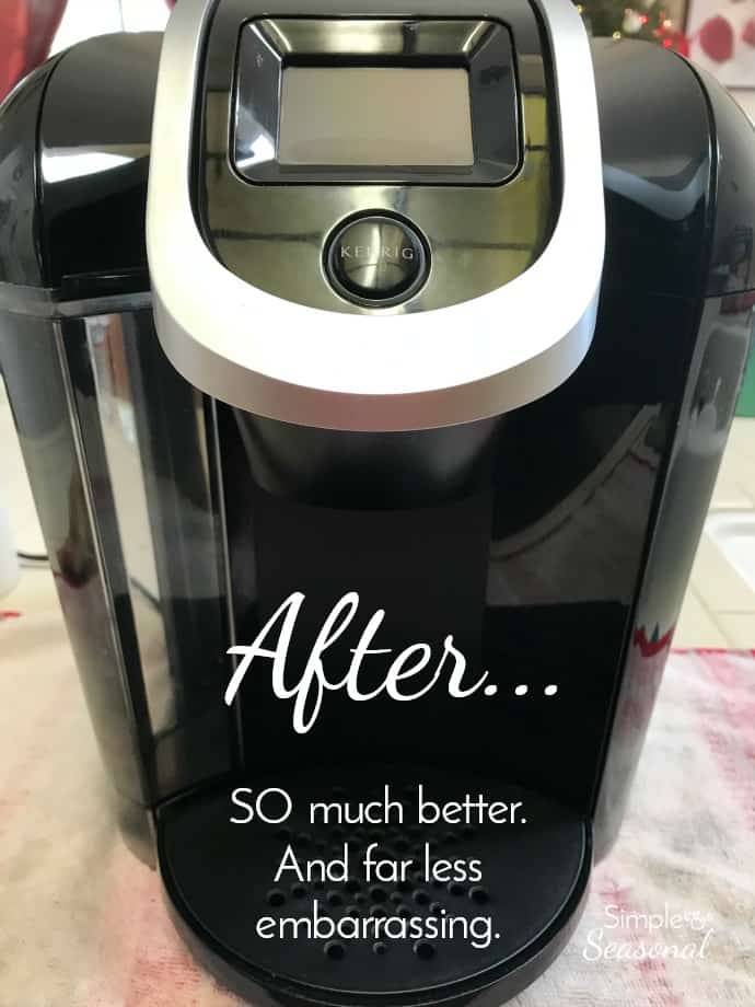 Shiny clean Keurig with text label that reads: After...SO much better. And far less embarrassing. 