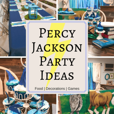 Percy Jackson party ideas collage | Throw an unforgettable party with these fun Percy Jackson Party Ideas! Find great ideas for what food to serve, themed decorations and silly games and activities that any Rick Riordan fan will love.