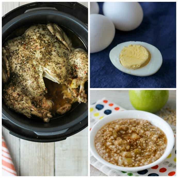 whole chicken, hard boiled eggs and apple oatmeal photo collage: cooked in the crockpot express