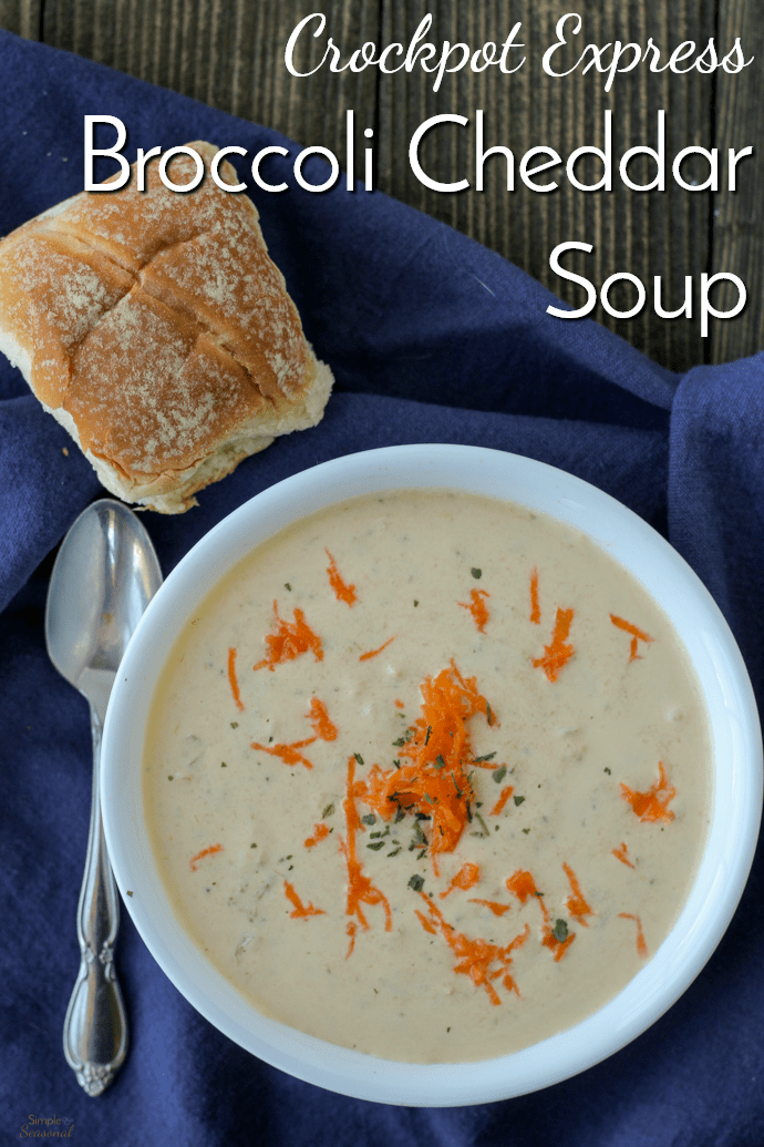 Crockpot Express Broccoli Cheddar Soup checks all the boxes. It's creamy, comforting, delicious, and easy. And thanks to the Crockpot Express, it's on the table in under 30 minutes! #CrockpotExpress #PressureCooking #ComfortFood via @nmburk