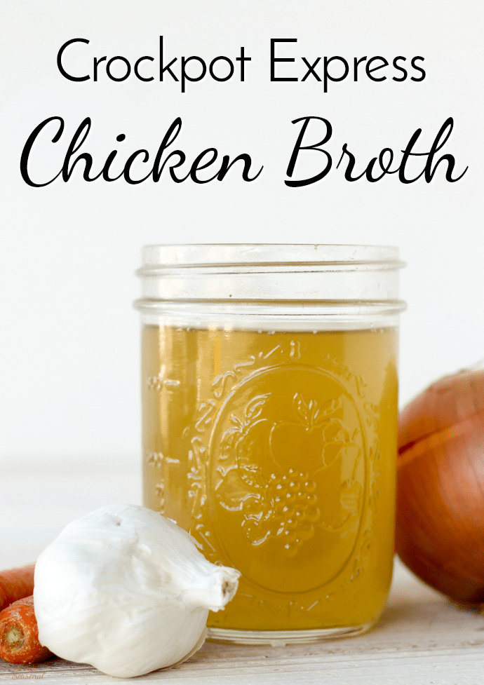 Enjoy the flavor and health benefits of broth in just a fraction of the time with this Crockpot Express Chicken Broth. It's great for cooking and during cold and flu season it can help get you back on your feet more quickly! #CrockpotExpress #PressureCooking #Chicken #ChickenBroth  via @nmburk