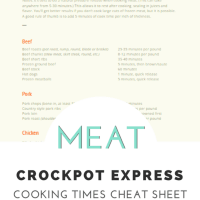 Download a free printable PDF listing general Crockpot Express Cooking Times guidelines for commonly served meats like beef, chicken and pork. Print it out and hang it up in your kitchen for easy reference! 