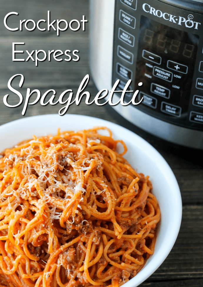 Crockpot Express Spaghetti makes a family favorite even easier to get on the table in record time. It's perfect for busy weeknights and makes for great leftovers, too!