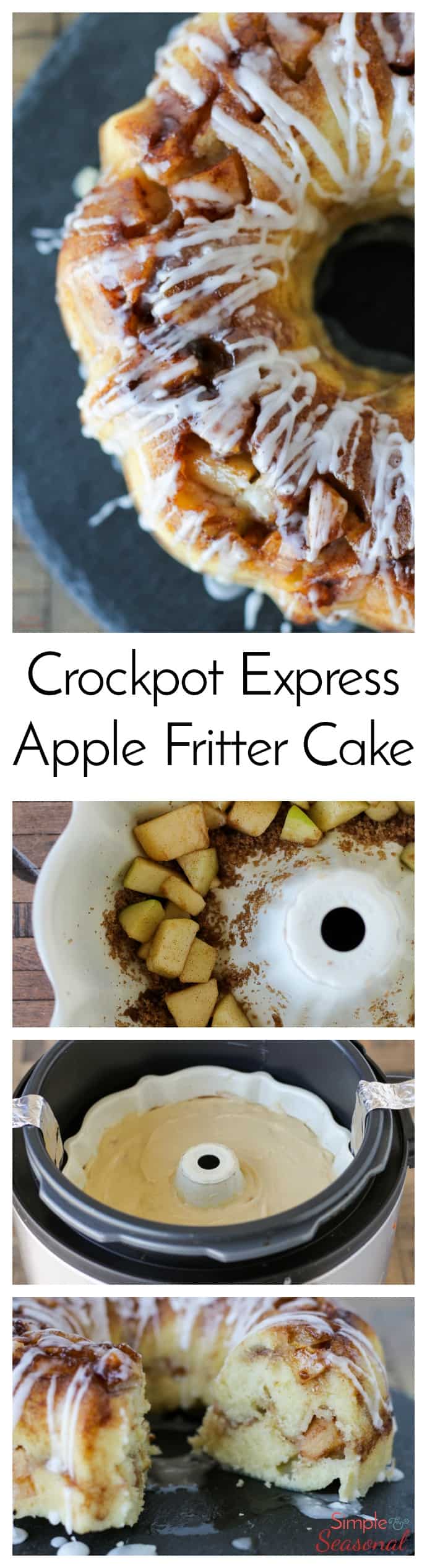 Chunks of tart apples, a sweet glaze and a brown sugar crackle on top make this Crockpot Express Apple Fritter Cake a delicious dessert that's ready in less than an hour (without heating up the kitchen!) #CPE #CrockpotExpress #PressureCooking #Dessert via @nmburk