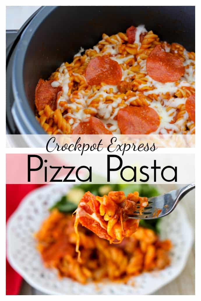 Crockpot Express Pizza Pasta is a family friendly dinner that you can easily adjust with your own favorite pizza toppings! Serve with breadsticks and salad for a satisfying and delicious dinner. #CPE #CrockpotExpress #PressureCookerRecipes #PressureCooking #Pizza #Pasta  via @nmburk