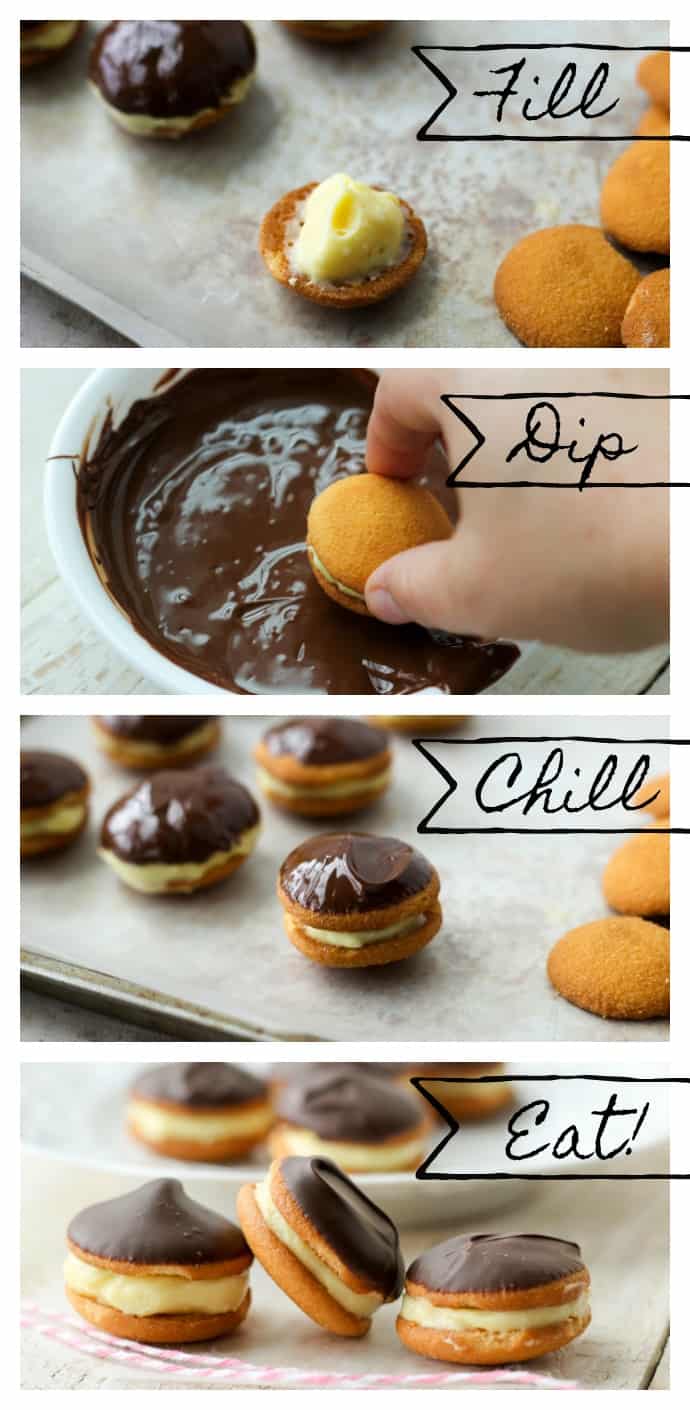 Bring these no bake Easy Eclair Cookies to your next summer party. Creamy filling and rich chocolate topping makes them the perfect bite-sized treat! via @nmburk