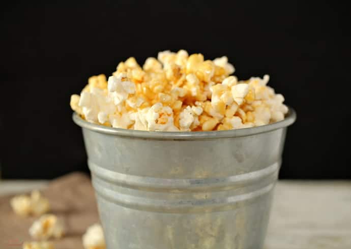 marshmallow caramel corn in a silver bucket