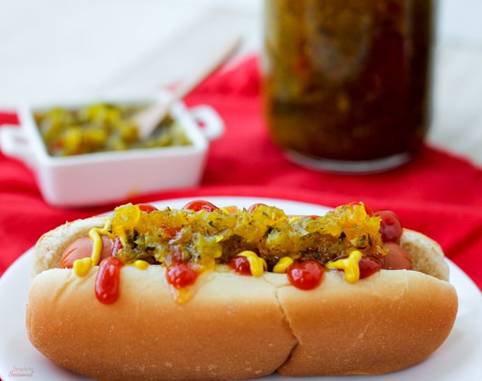 Packed full of flavor, this homemade zucchini relish is a great way to use up all the fresh zucchini hanging around the kitchen!