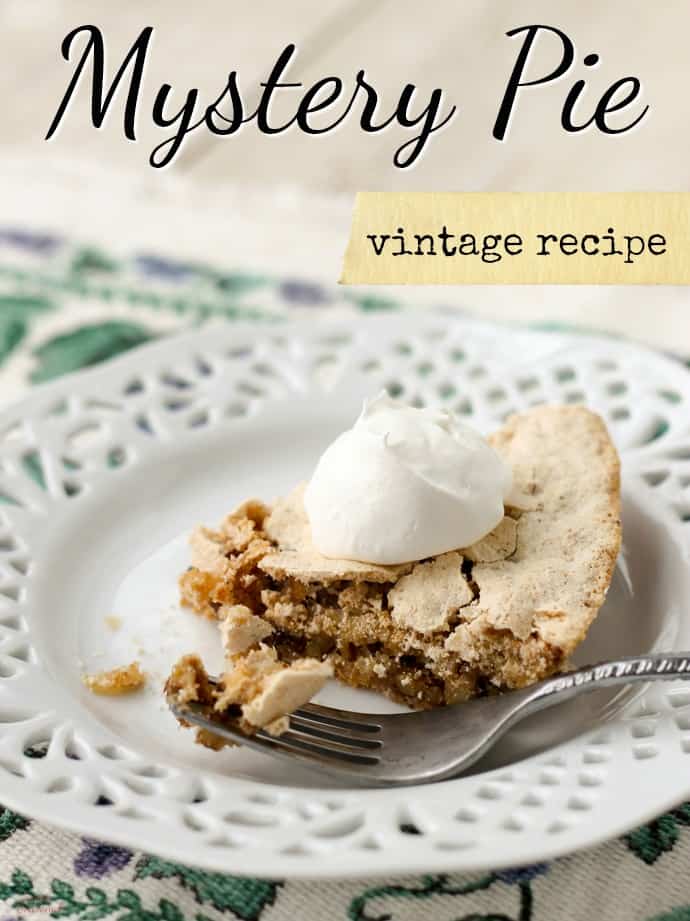 pie slice on a white plate with fork; text label reads Mystery Pie Vintage Recipe