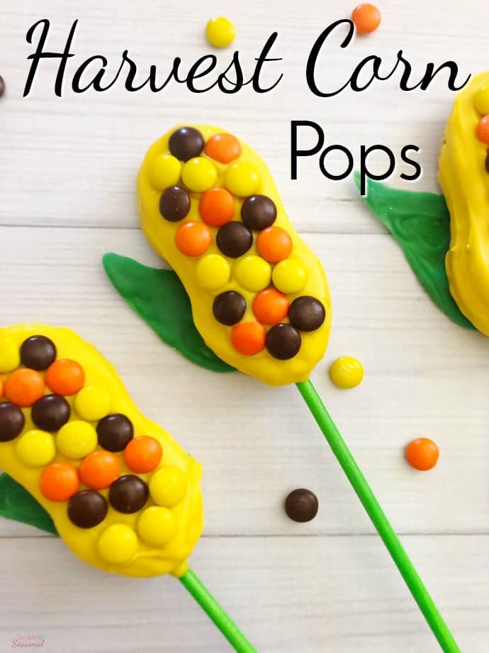dipped nutter butter cookies decorated with candies to look like corn on the cob; text label reads: Harvest Corn Pops