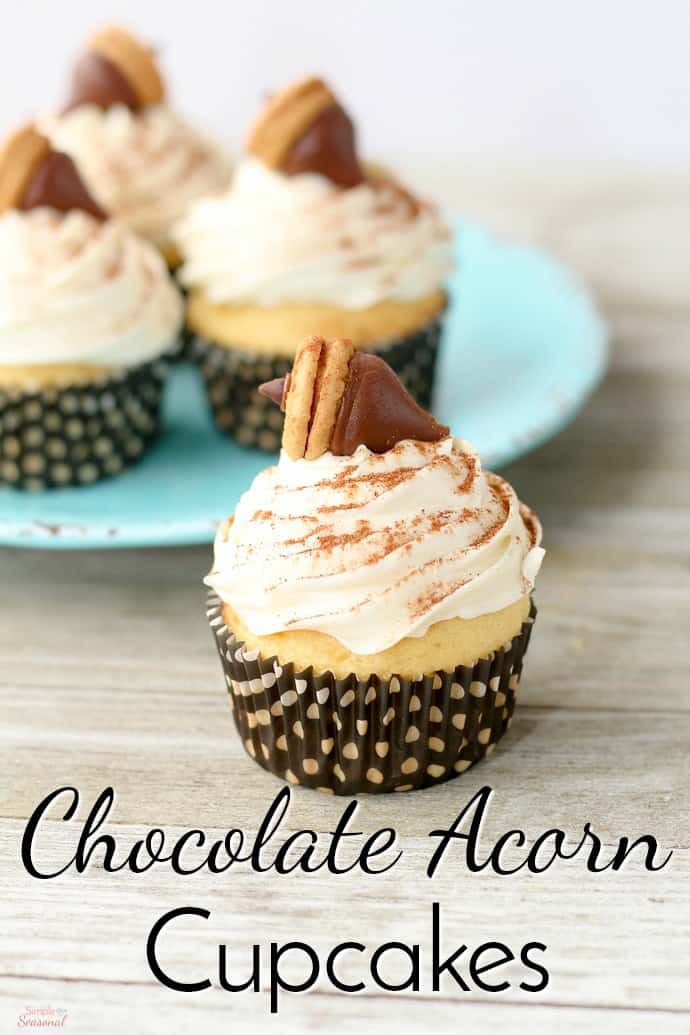 Chocolate and peanut butter come together to make easy, fall-inspired Chocolate Acorn Cupcakes!