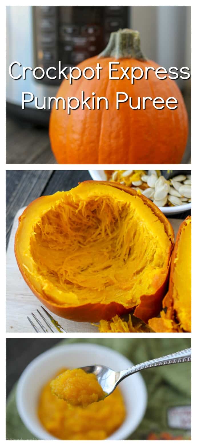 collage image showing steps of preparing crockpot express pumpkin puree