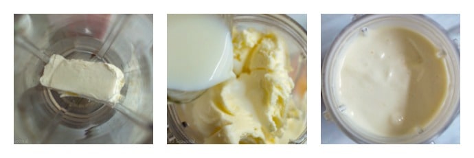 step 1: cream cheese in blender; step 2: add ice cream and milk; step 3: blend