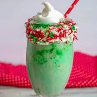 This delightful cheesecake milkshake resembles and elf with green, red, and capped with a whipped topping hat. Go crazy with one big glass, or divided your Elf Shake into smaller glasses for the family!