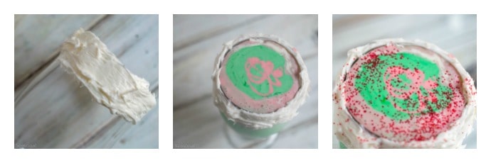 glass rimmed with frosting to hold sprinkles; glass filled with red and green shake mixture