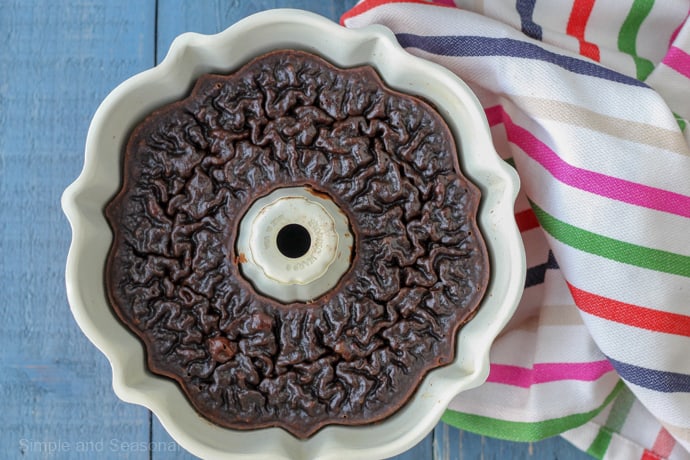 top down view of cooked brownies in a bundt pan