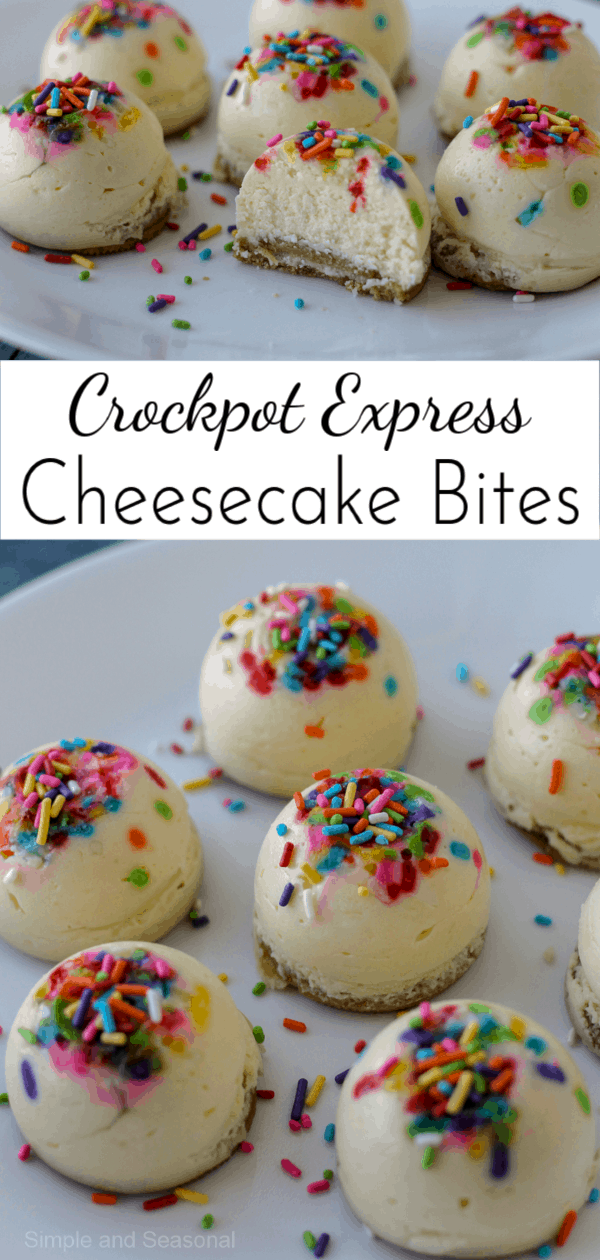 Crockpot Express Cheesecake Bites are a rich and creamy dessert in bite sized form. Make them plain or get creative with toppings! #CPE #CrockpotExpress #CrockpotExpressRecipes  via @nmburk