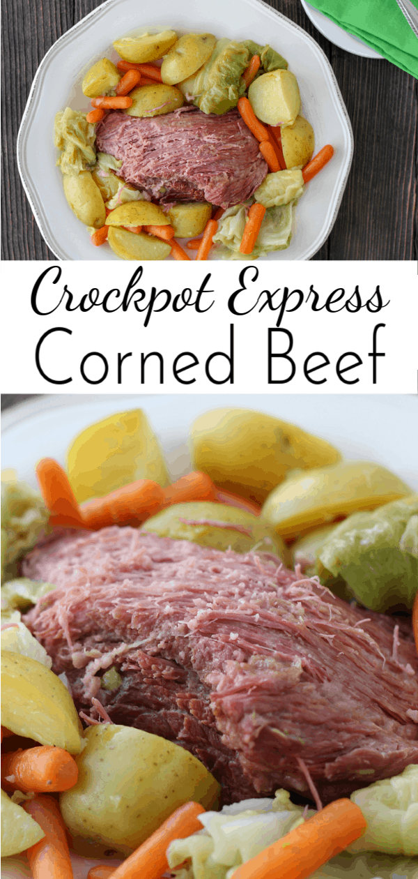 Enjoy this traditional Irish dish this St. Patrick's Day! Crockpot Express Corned Beef and Cabbage is done in a fraction of the time normally required, and it's packed full of flavor. #StPatricksDay #CPE #CrockpotExpressRecipesn #CrockpotExpress #CornedBeef via @nmburk