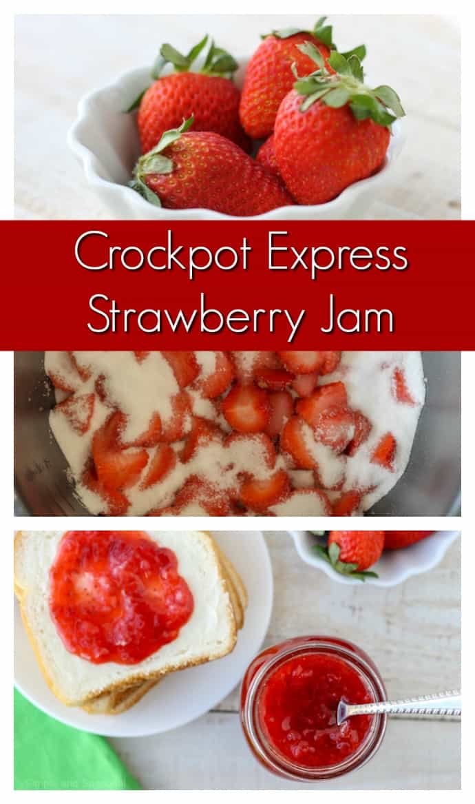 In less than an hour, you can be enjoying fresh Crockpot Express Strawberry Jam! It's perfect for a peanut butter and jelly sandwich or as a topping for sundaes and pancakes. via @nmburk