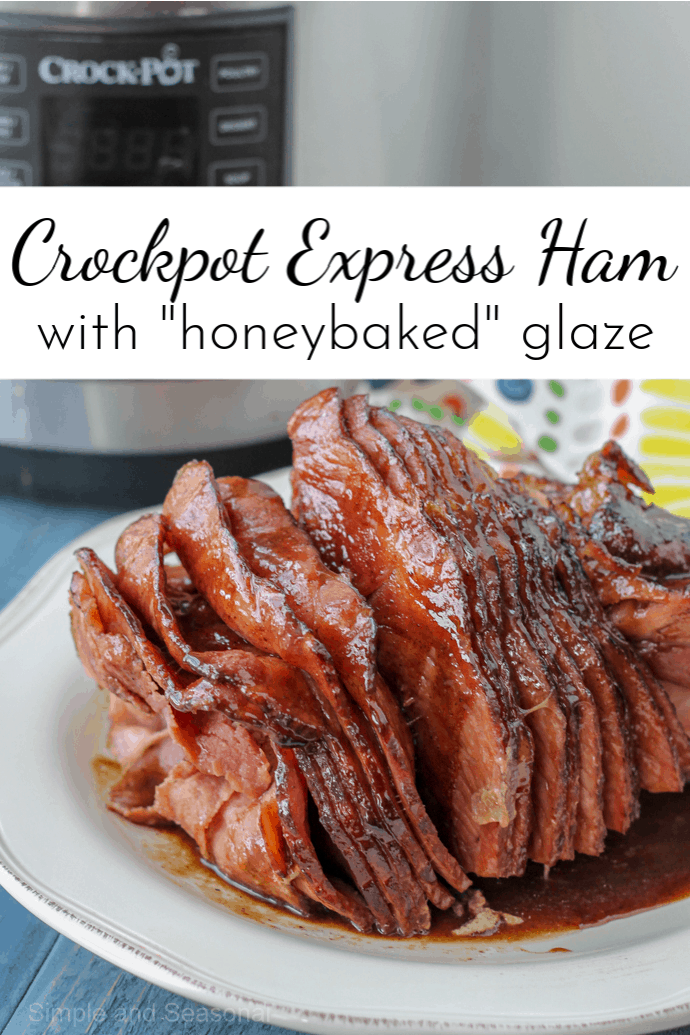 Save space in the oven by making Crockpot Express Ham. Add a delicious copycat HoneyBaked ham glaze for the perfect holiday dinner. #CrockpotExpress #CPE #PressureCookerRecipe #Ham #Easter #Christmas via @nmburk