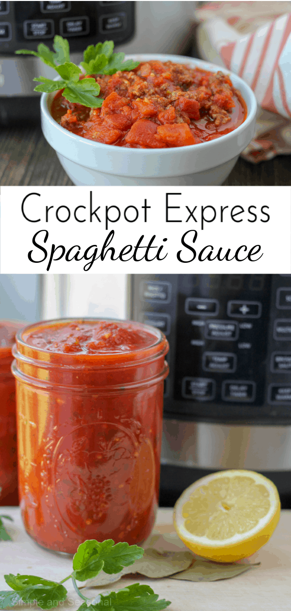 Enjoy a rich, bright sauce that tastes like it's been simmering all day when you make Crockpot Express Spaghetti Sauce!  #CrockpotExpress #CPE #PressureCooker via @nmburk