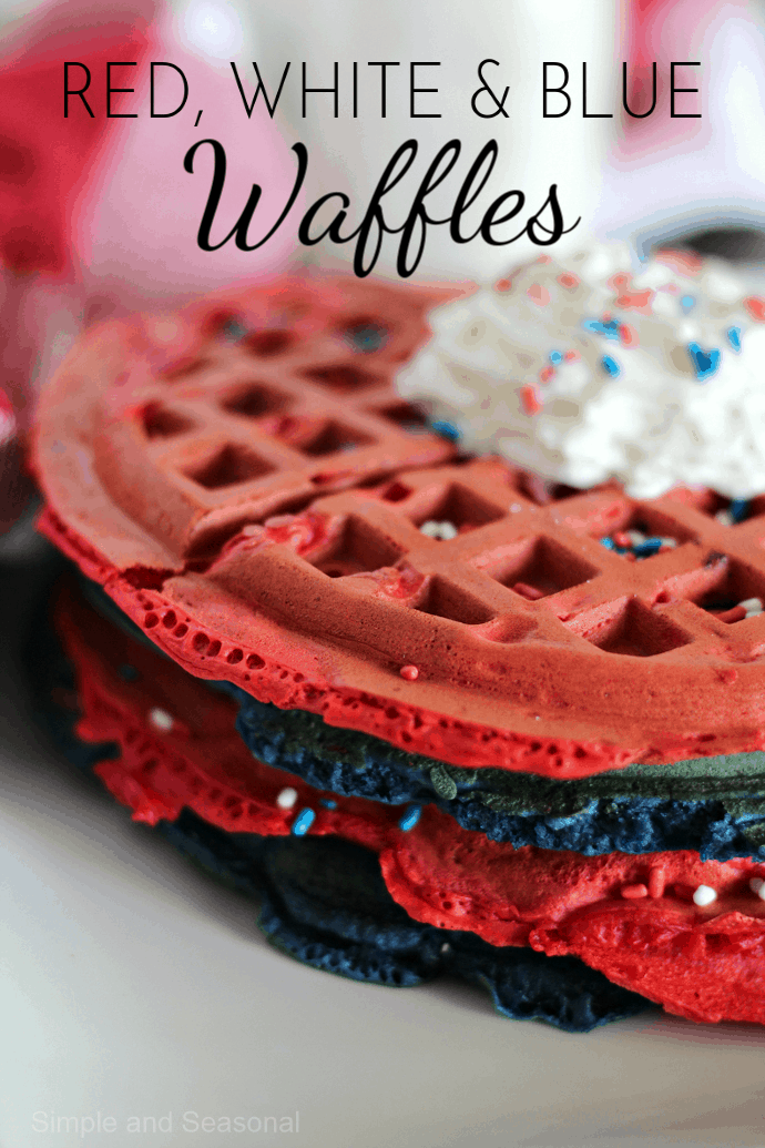 Celebrate Independence Day (or any summer day) with these red, white and blue 4th of July Waffles! They're stuffed with fresh blueberries and strawberries for a delicious summer treat. via @nmburk
