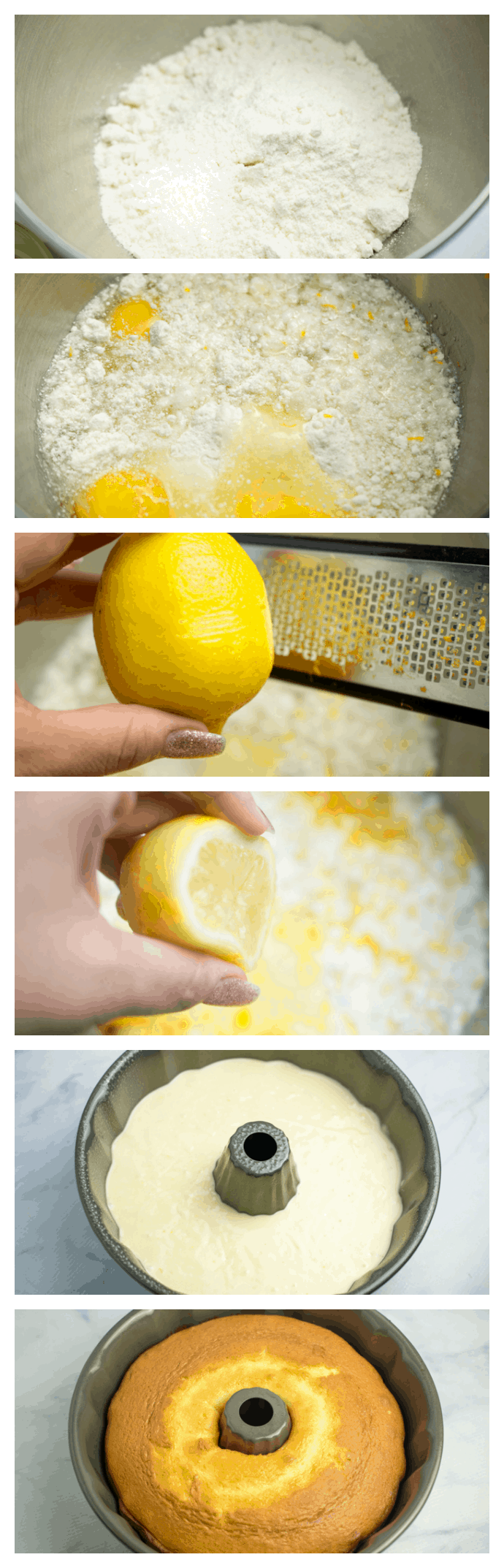 long collage image showing the steps to baking a Bundt cake; dry mix, wet ingredients, lemon zest and juice, batter in cake pan, baked cake