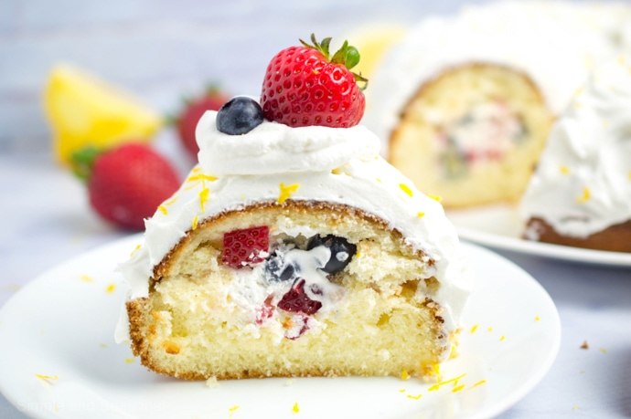 Enjoy the bright flavors of spring with this Berries and Cream Lemon Bundt Cake. It starts with a boxed cake mix, making it a quick and easy dessert.