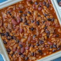 Packed with flavor, these hearty Crockpot Express Baked Beans can also be made in the slow cooker or in the oven. They are the perfect summer BBQ side dish!