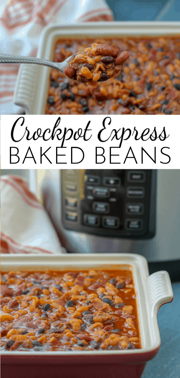 Packed with flavor, these hearty Crockpot Express Baked Beans can also be made in the slow cooker or in the oven. They are the perfect summer BBQ side dish! #CrockpotExpress #CPE #BakedBeans via @nmburk