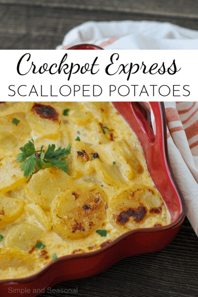 A classic side dish, Crockpot Express Cheesy Scalloped Potatoes come together so much more quickly than their oven baked counterpart. They are a creamy, comforting side dish perfect for dinner! via @nmburk