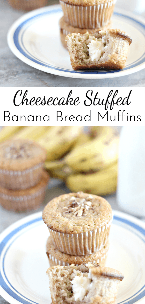 Take banana bread up a level with these Cheesecake STUFFED Banana Bread Muffins! They are a great grab-and-go breakfast for busy mornings. via @nmburk