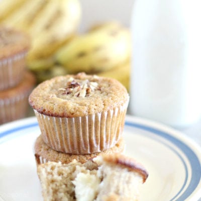 three muffins on a plate with bananas and milk in the background
